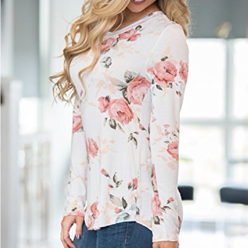 12 PM by Mon Ami Floral Long Sleeve Tee - Size S, White/Pink - Picture 11 of 14